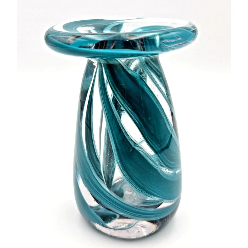 Vintage Hand Blown Studio Art Glass Swirl Bud Vase Teal Blue Heavy Flared Rim